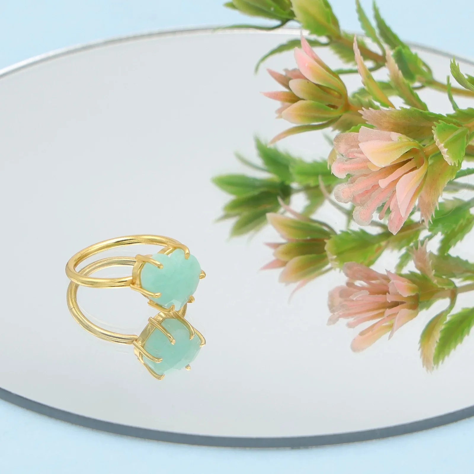 Handcrafted 18K Gold Plated Amazonite Heart Carving Ring Zircon | Trendy 925 Silver Bezel Setting Wedding Ring | Unisex Green