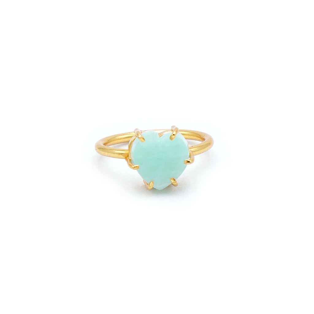 Handcrafted 18K Gold Plated Amazonite Heart Carving Ring Zircon | Trendy 925 Silver Bezel Setting Wedding Ring | Unisex Green