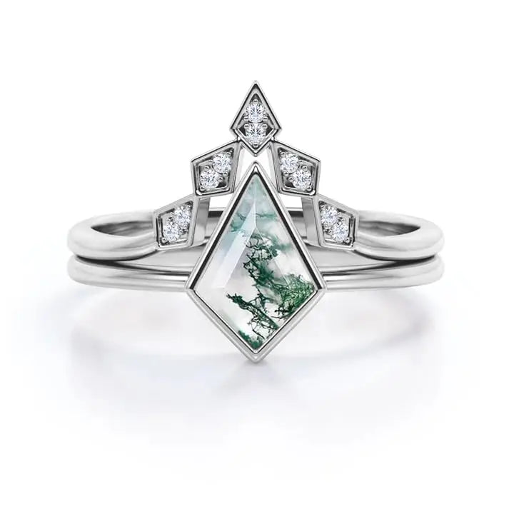 925 Sterling Silver 14K Gold Plated Moss Agate Kite Shape Wedding Ring Nature Inspired Bridal Jewelry
