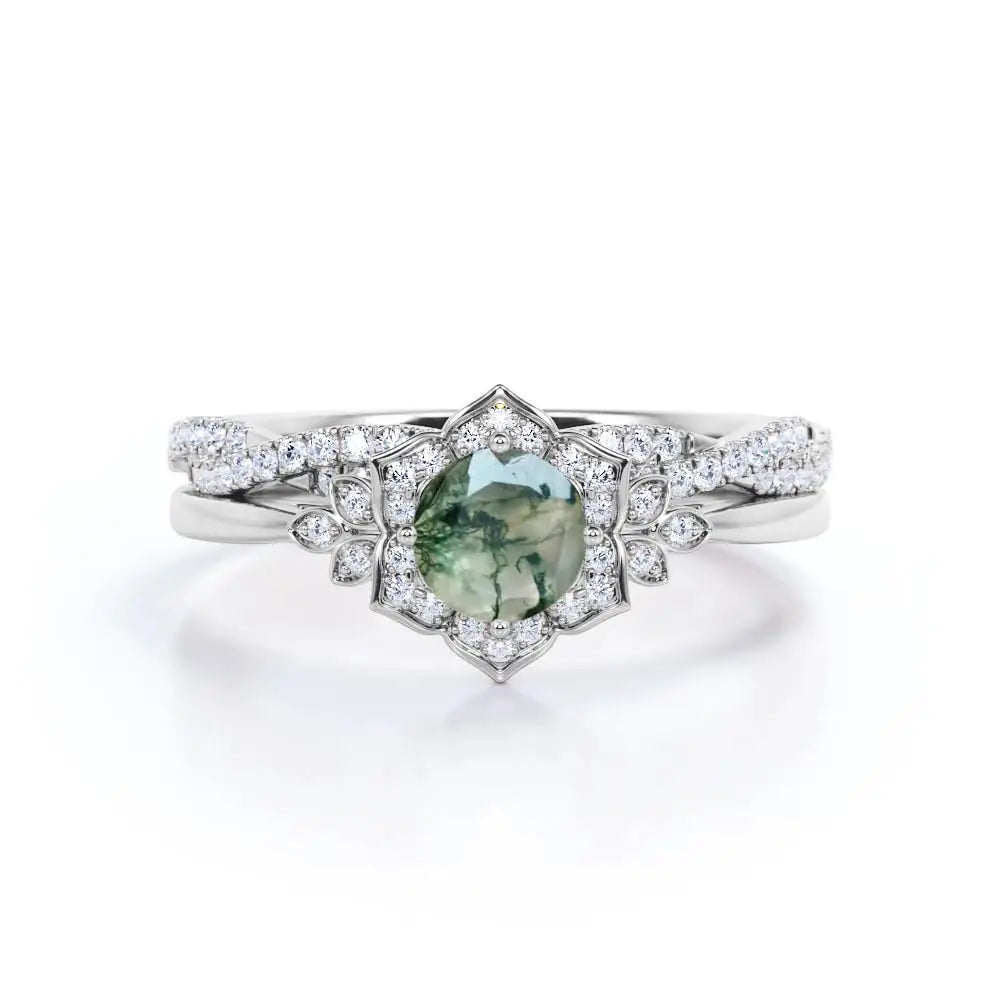 925 Sterling Silver Women's Classic Art Deco Wedding Ring Set 1.25 Carat Moss Agate Prong Setting