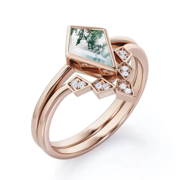 925 Sterling Silver 14K Gold Plated Moss Agate Kite Shape Wedding Ring Nature Inspired Bridal Jewelry