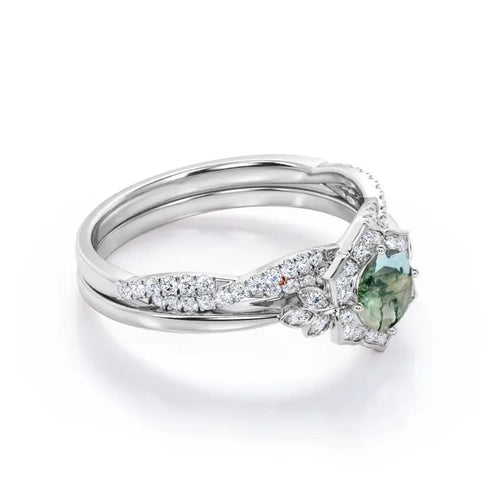 925 Sterling Silver Women's Classic Art Deco Wedding Ring Set 1.25 Carat Moss Agate Prong Setting