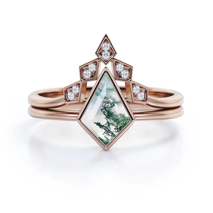 925 Sterling Silver 14K Gold Plated Moss Agate Kite Shape Wedding Ring Nature Inspired Bridal Jewelry