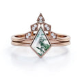 925 Sterling Silver 14K Gold Plated Moss Agate Kite Shape Wedding Ring Nature Inspired Bridal Jewelry