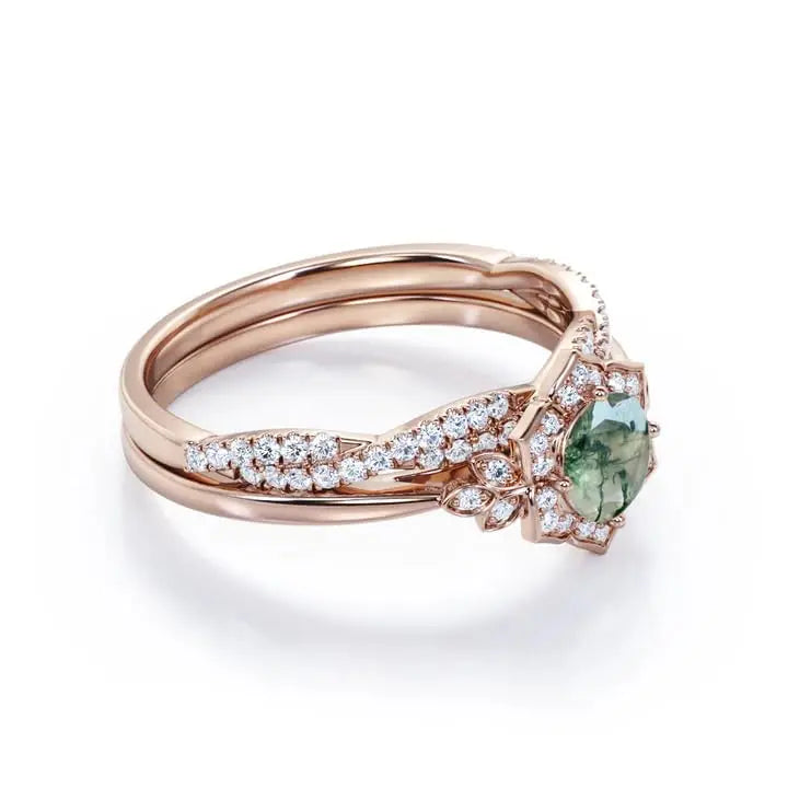 925 Sterling Silver Women's Classic Art Deco Wedding Ring Set 1.25 Carat Moss Agate Prong Setting