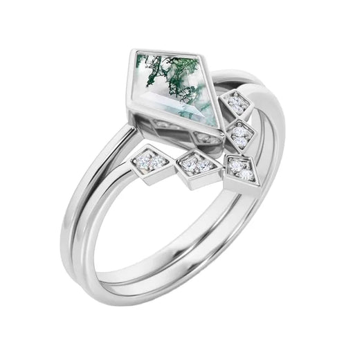 925 Sterling Silver 14K Gold Plated Moss Agate Kite Shape Wedding Ring Nature Inspired Bridal Jewelry
