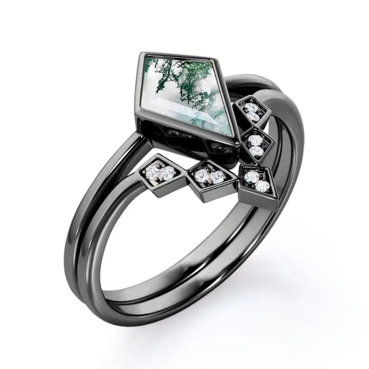 925 Sterling Silver 14K Gold Plated Moss Agate Kite Shape Wedding Ring Nature Inspired Bridal Jewelry
