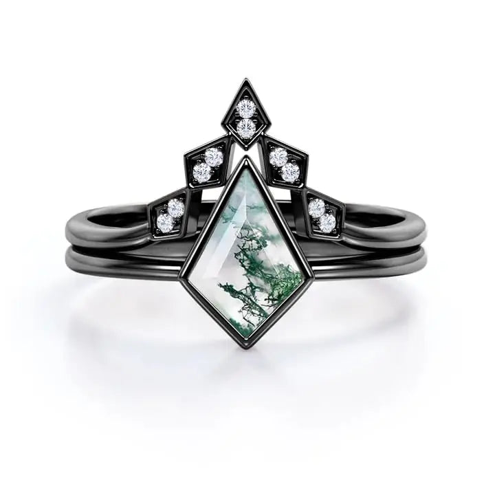 925 Sterling Silver 14K Gold Plated Moss Agate Kite Shape Wedding Ring Nature Inspired Bridal Jewelry