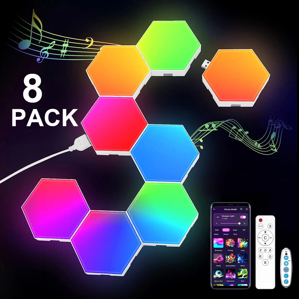 20/12/8 Pack Hexagon Lights Wall RGB Panel Smart APP Hexagonal Modular Gaming Light Music Sync Honeycomb Shape Hexagonl Light