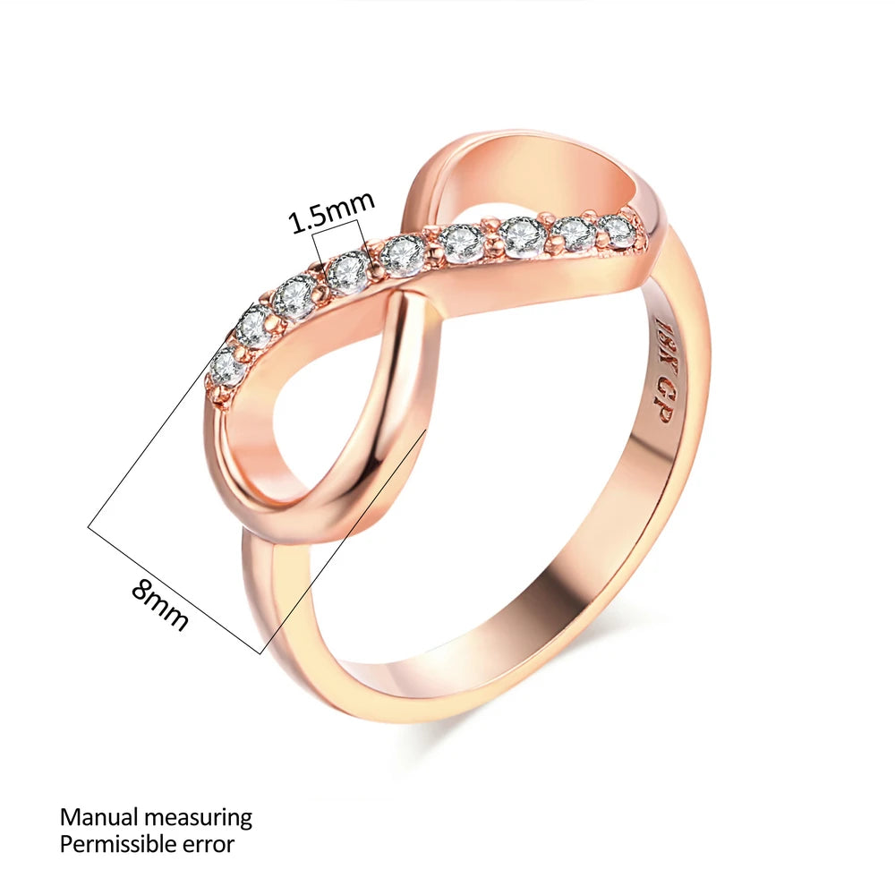 Design Infinity Rings for Women Rose Gold Color Crystal Zircon Couple Statement Ring for Female Fashion Jewelry Accessories R407