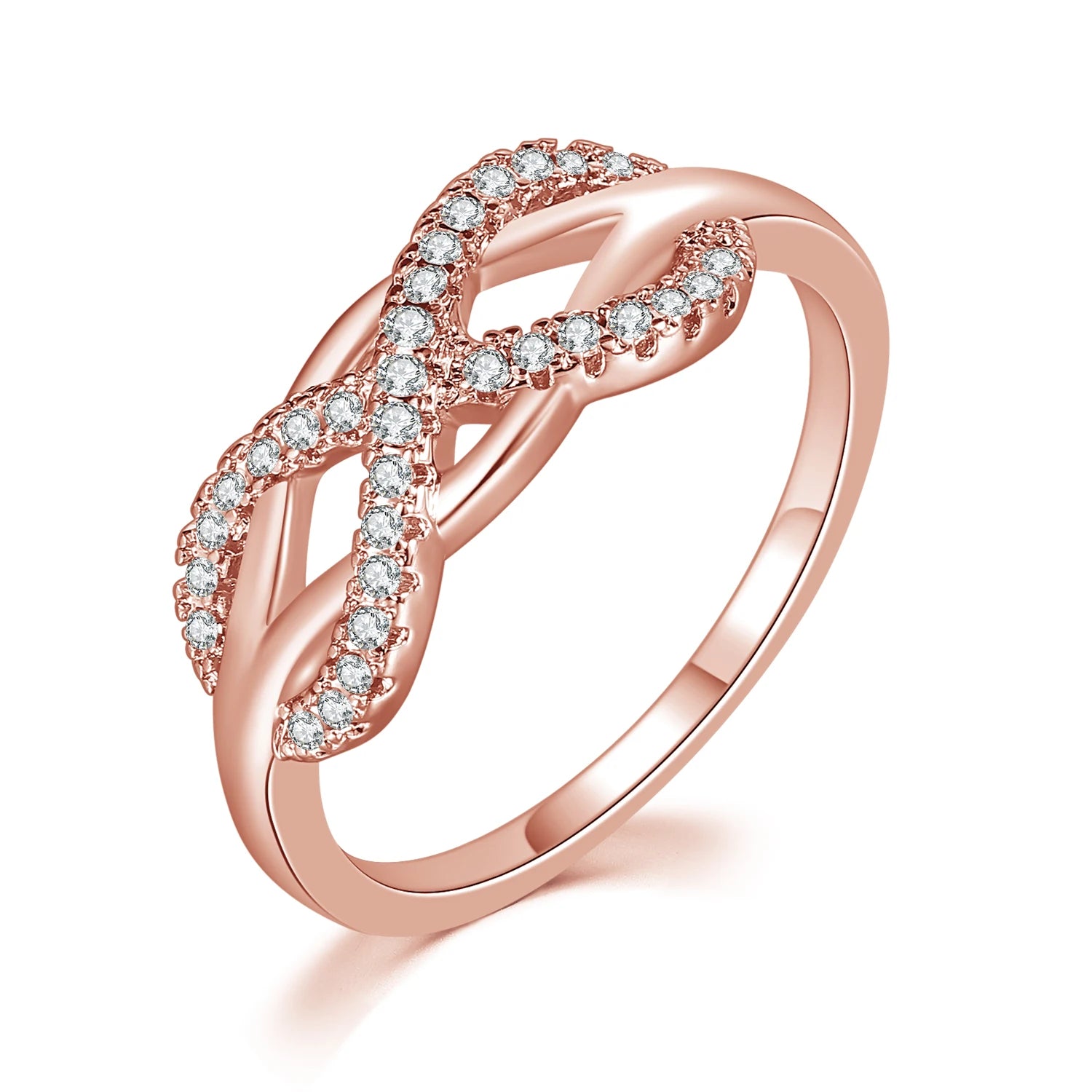 Design Infinity Rings for Women Rose Gold Color Crystal Zircon Couple Statement Ring for Female Fashion Jewelry Accessories R407