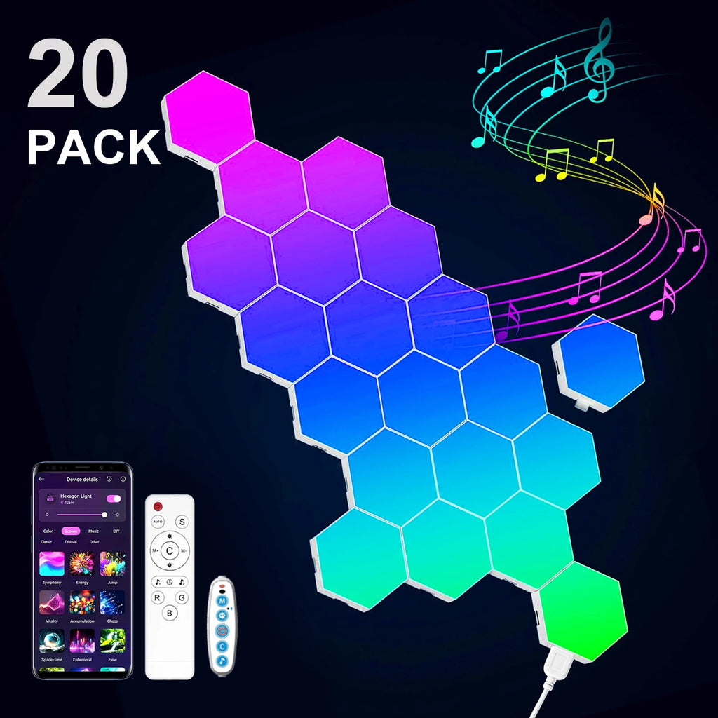 20/12/8 Pack Hexagon Lights Wall RGB Panel Smart APP Hexagonal Modular Gaming Light Music Sync Honeycomb Shape Hexagonl Light