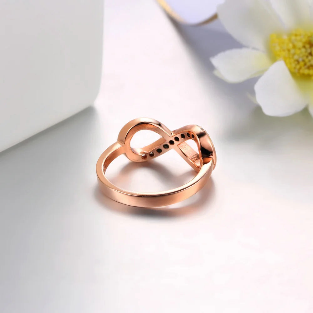 Design Infinity Rings for Women Rose Gold Color Crystal Zircon Couple Statement Ring for Female Fashion Jewelry Accessories R407