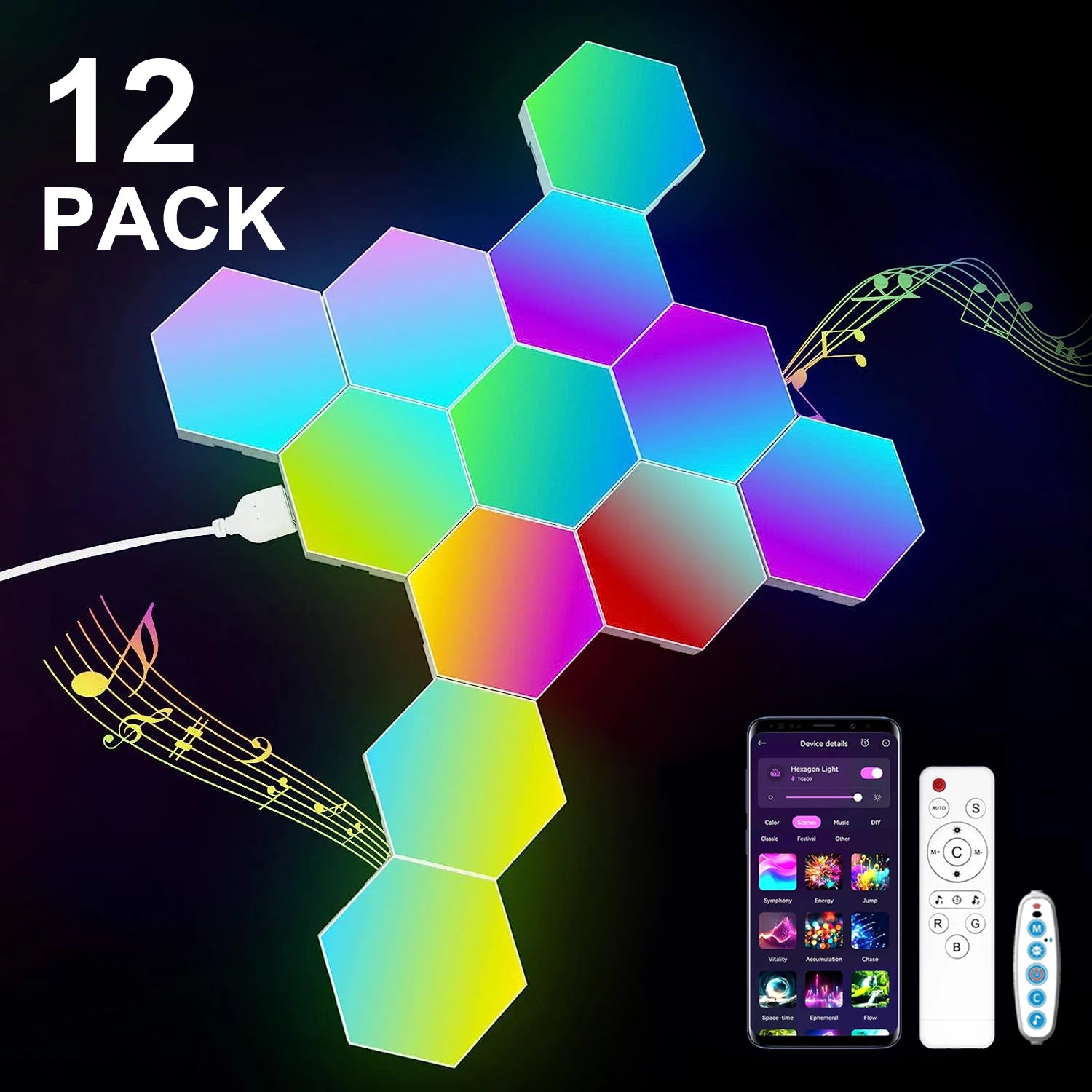 20/12/8 Pack Hexagon Lights Wall RGB Panel Smart APP Hexagonal Modular Gaming Light Music Sync Honeycomb Shape Hexagonl Light