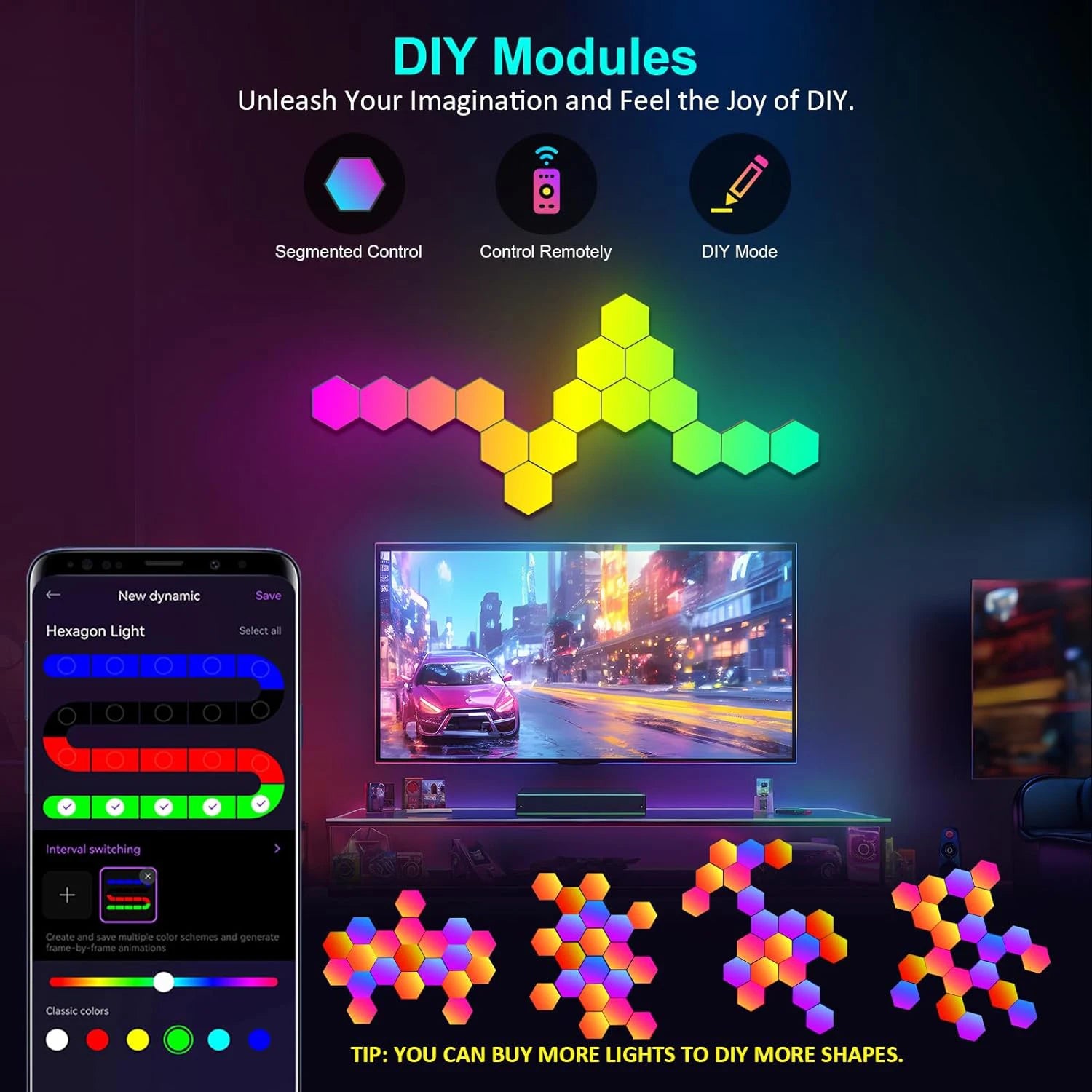 20/12/8 Pack Hexagon Lights Wall RGB Panel Smart APP Hexagonal Modular Gaming Light Music Sync Honeycomb Shape Hexagonl Light