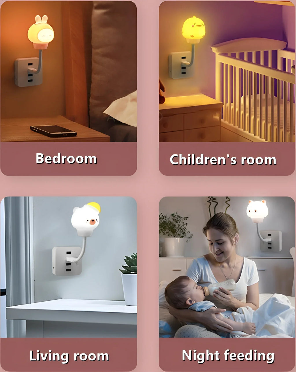 GGbingo LED Night Lights Cute Cartoon Bear Rabbit Bedside Light USB Interface Night Lamp for Bedroom Children Decoration
