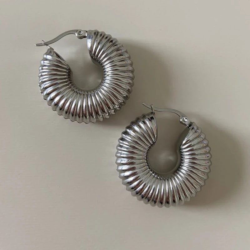 Classic Stainless Steel Waterproof Chunky Hammered Hoop Earrings Unusual Empty Stacked Circle Ear Ring Buckle Huggie Jewelry