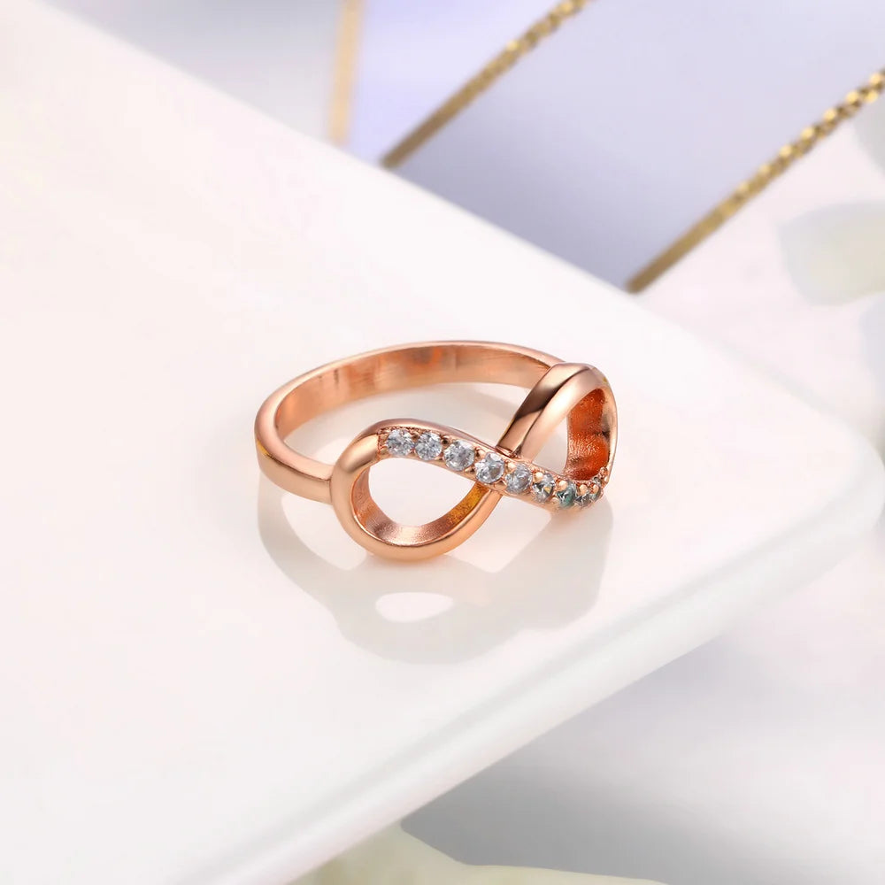Design Infinity Rings for Women Rose Gold Color Crystal Zircon Couple Statement Ring for Female Fashion Jewelry Accessories R407