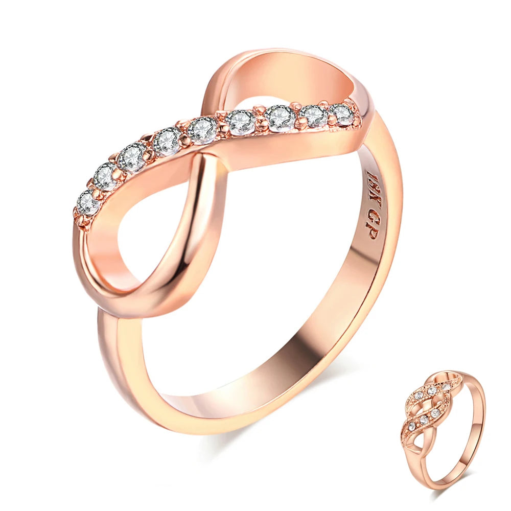 Design Infinity Rings for Women Rose Gold Color Crystal Zircon Couple Statement Ring for Female Fashion Jewelry Accessories R407