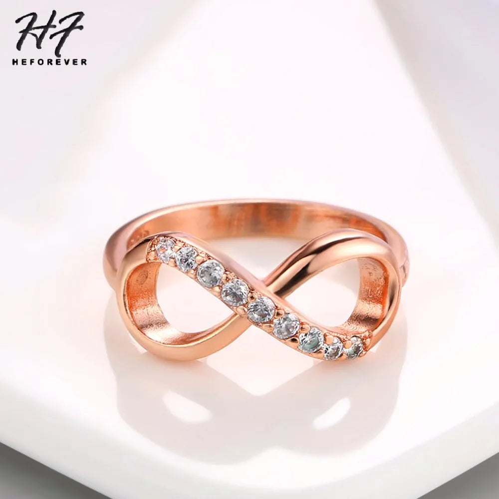 Design Infinity Rings for Women Rose Gold Color Crystal Zircon Couple Statement Ring for Female Fashion Jewelry Accessories R407